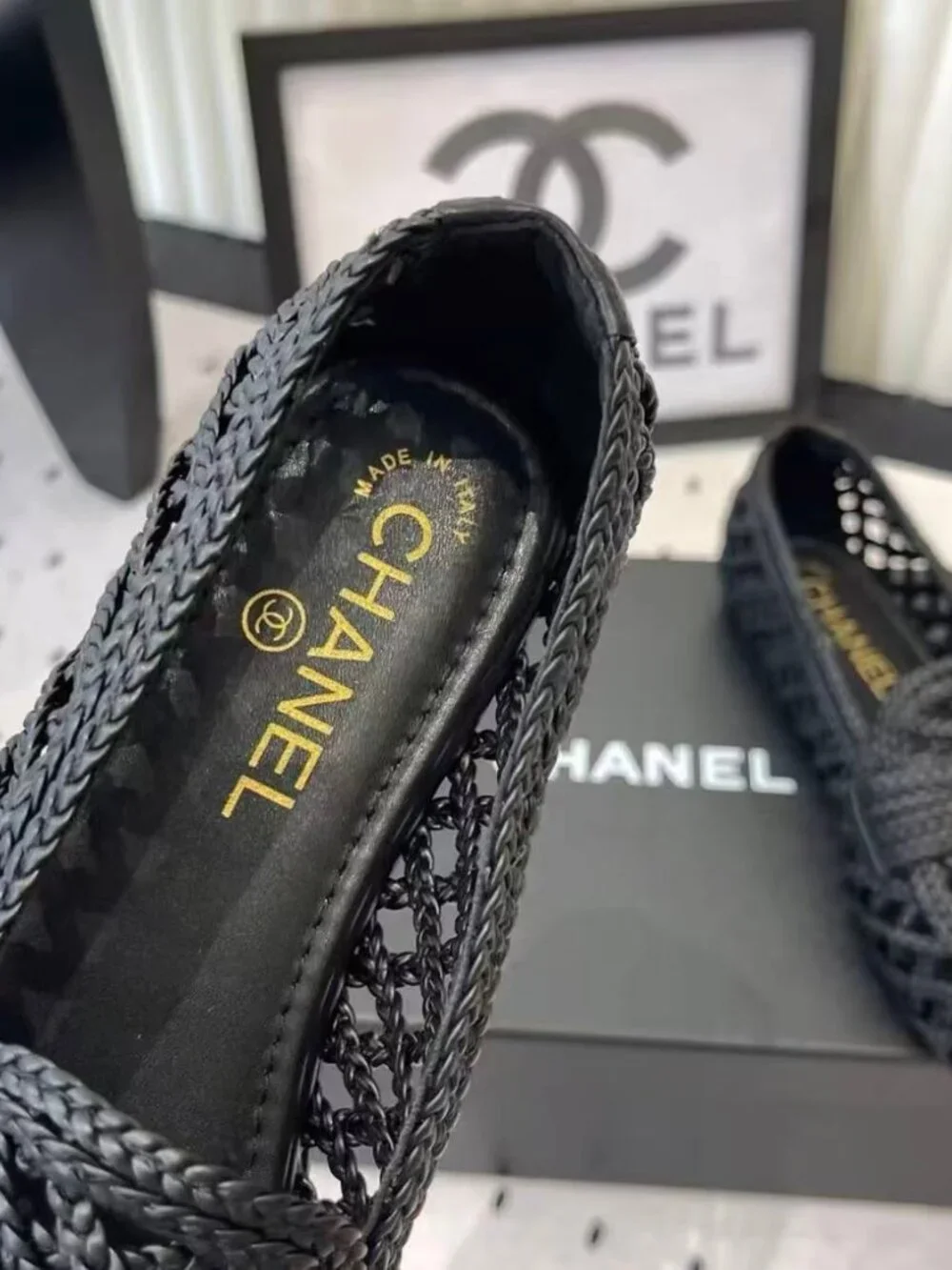 Chanel Black Woven Mesh CC Logo Flat Loafers